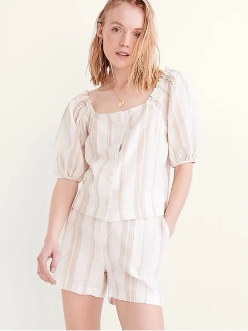 Madewell Cream and Tan Striped Puff-Sleeve Button Top linen blend boho large